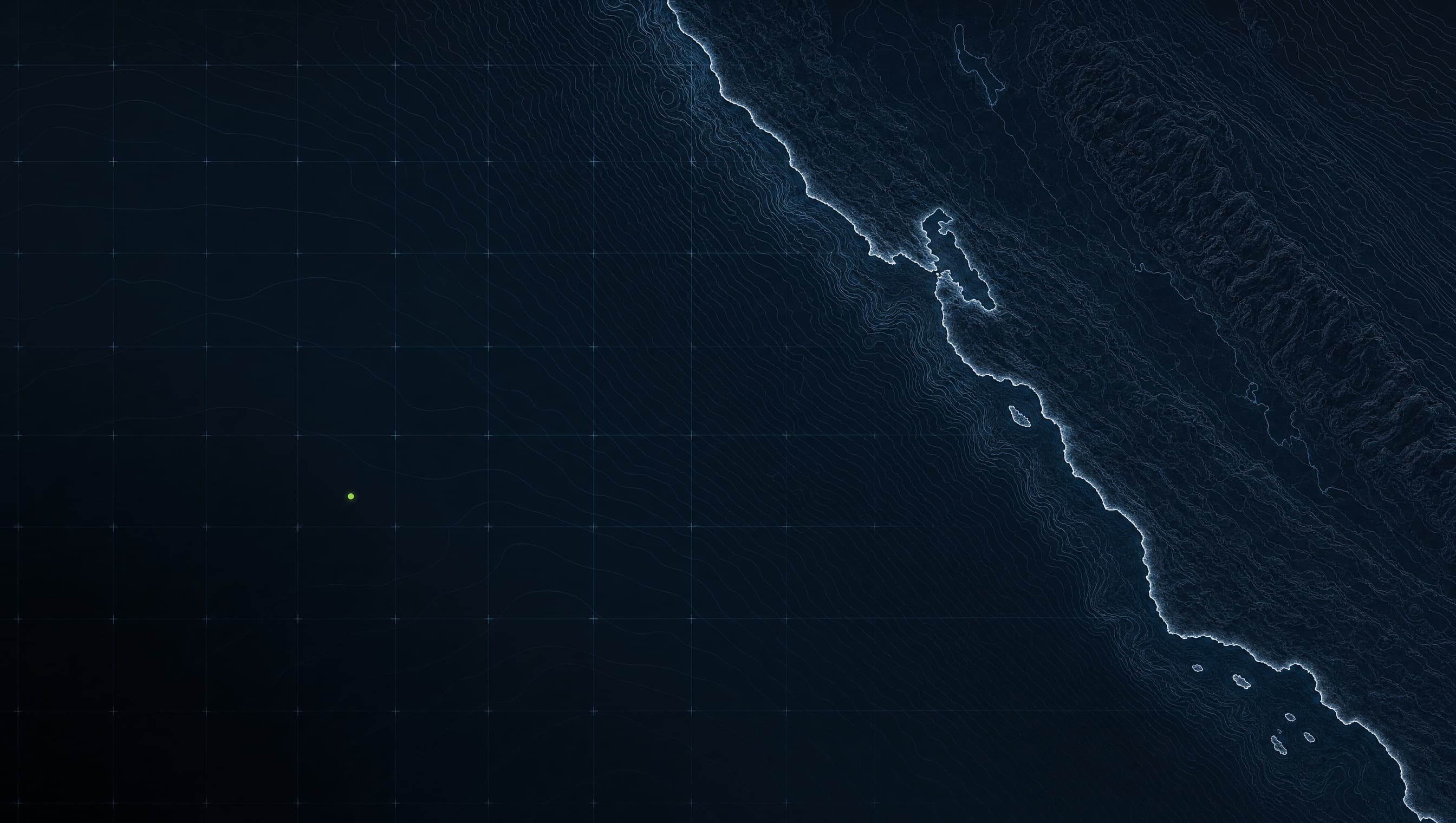 Bathymetric chart of the California coastline with a single lime signal point offshore